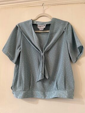 Vintage Blue Polka Dot Tie-Neck Sailor Blouse